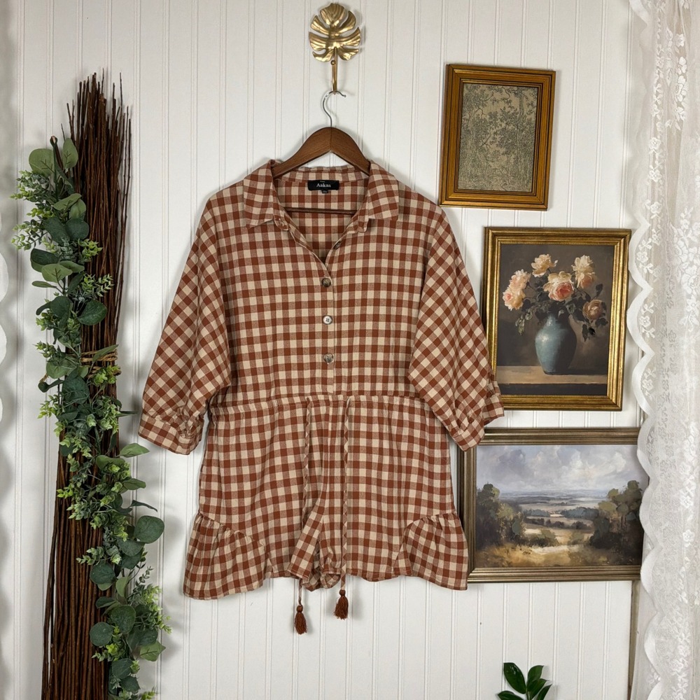 Aakaa Romper Women Large Brown Excellent Gingham Ruffle Drawstring Tassel